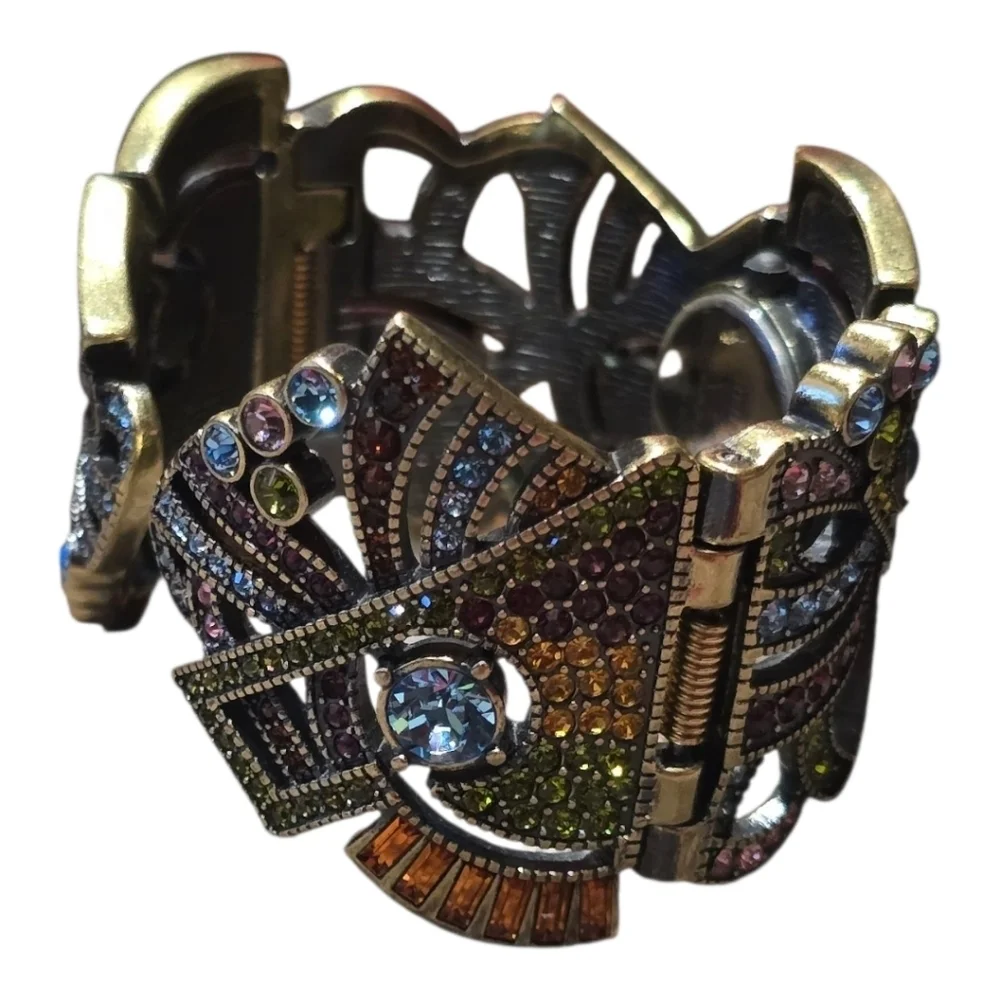 Heidi Daus Art Deco Swarovski Crystal Golden Bronze Cuff Bracelet Watch - Picture 8 of 10